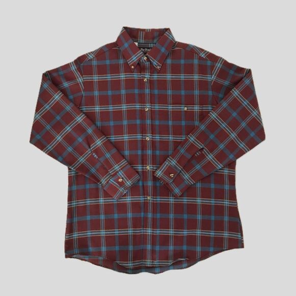 Vintage Par Four Burgundy Cotton Plaid Collared Long Sleeve Mens VTG Shirt - L - Picture 1 of 7